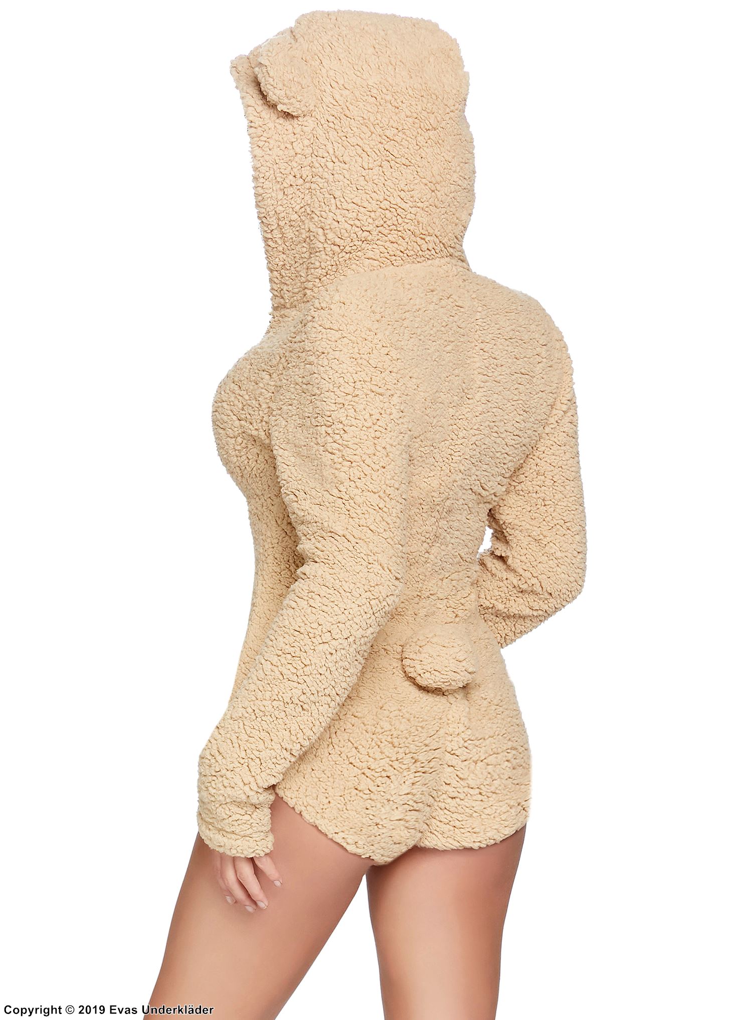 Female bear, teddy costume, long sleeves, hood, front zipper, tail